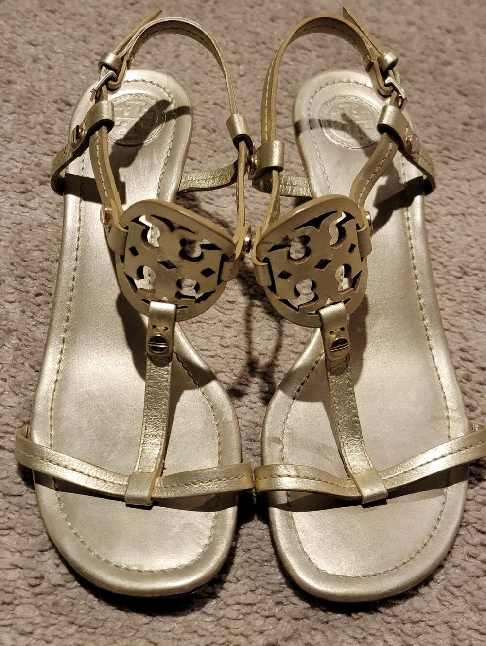 Tory Burch Miller Wedge Sandals Heels Spark Gold Size 7